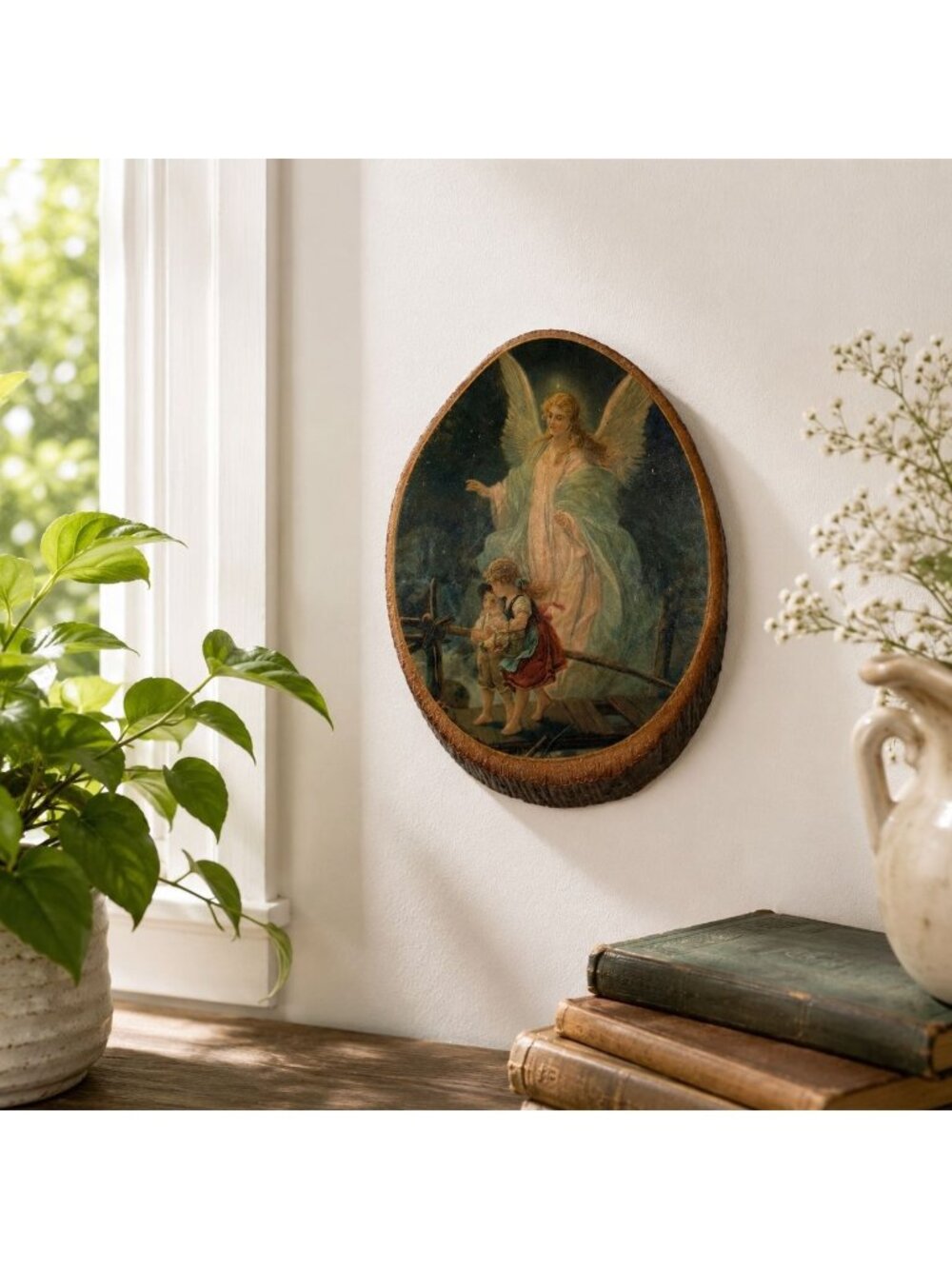 Vintage Guardian Angel Wall Plaque On Live Edge Wood Slice 5" Oval